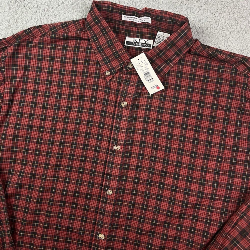 Vintage Key Elements 90's‎ Button Shirt Plaid Red Long Sleeve Sz Large NOS